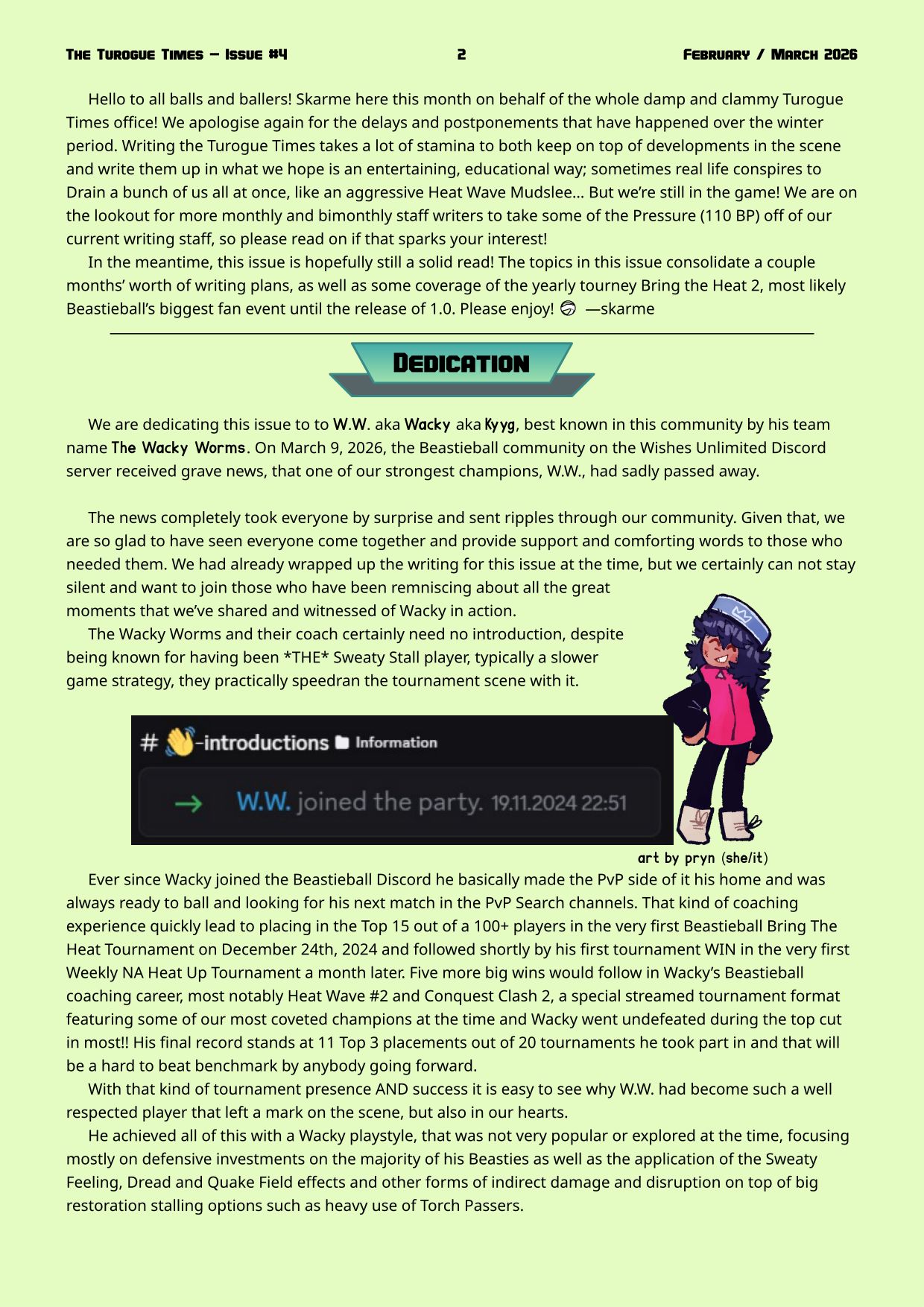 Page 2. Intro and dedication to W.W. of the Wacky Worms, an accomplished player who passed away in 2026